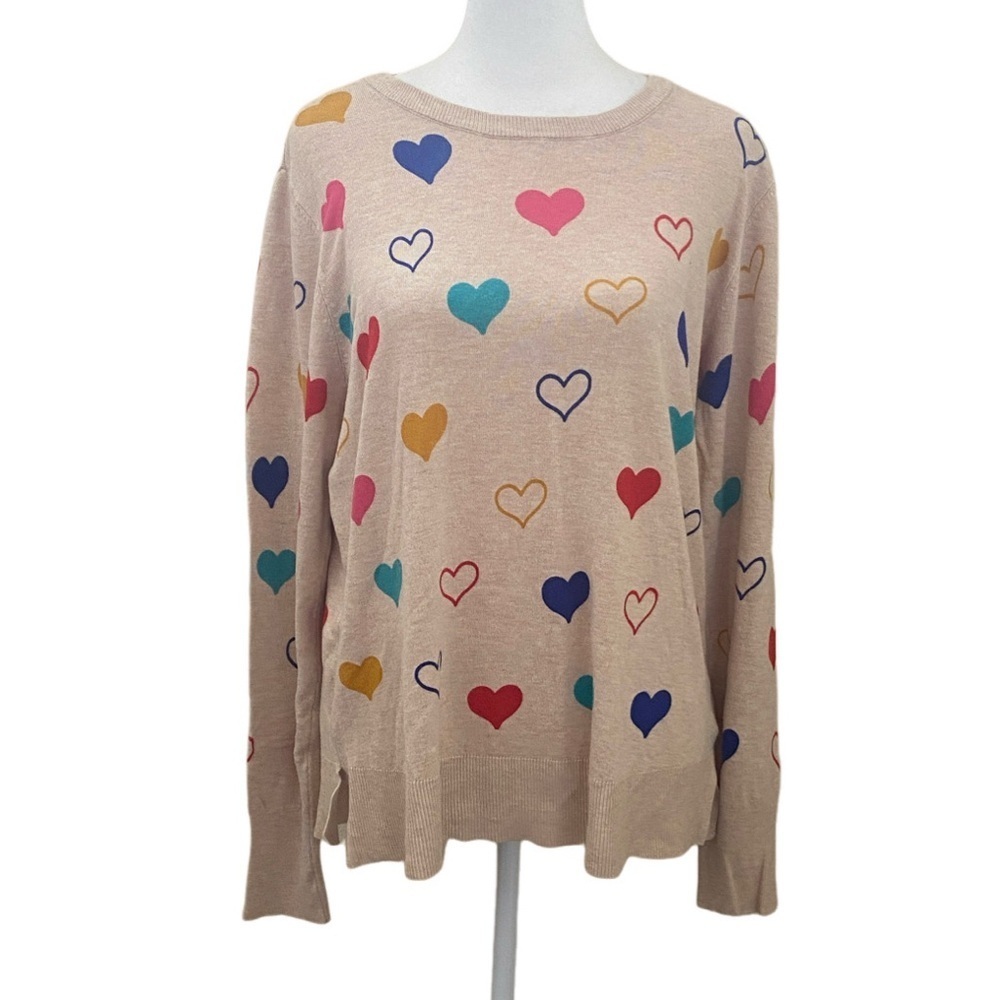 Marled Beige/Tan Heart Patterned Women's Sweater. Crew neck. Size L.